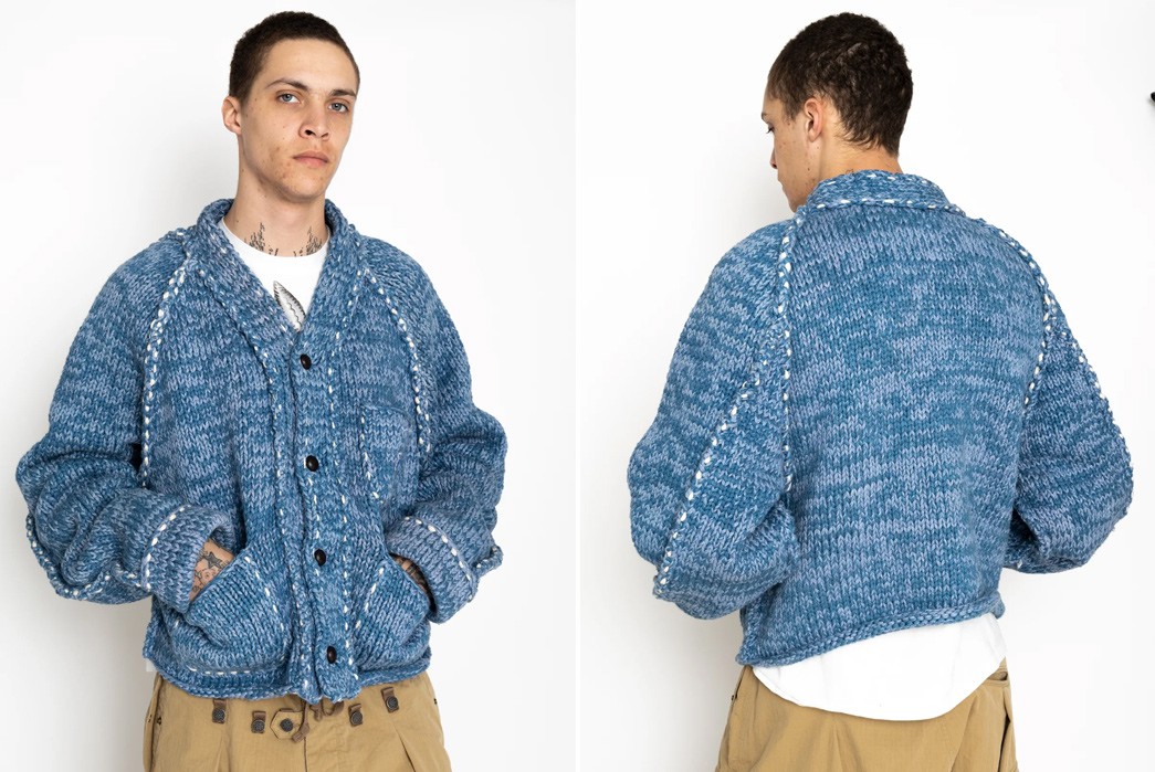 Kapital-Fuses-Engineer-Jackets-&-Cowichan-Knits-with-its-Hand-Knit-RAILROAD-JKT-Model-front-and-back
