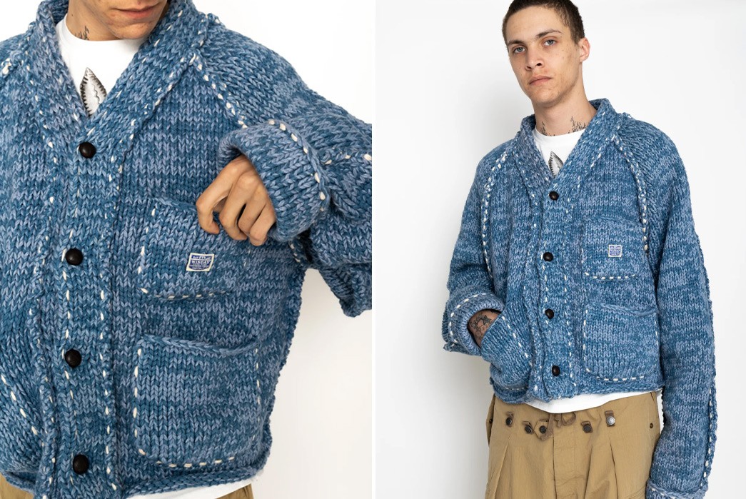 Kapital-Fuses-Engineer-Jackets-&-Cowichan-Knits-with-its-Hand-Knit-RAILROAD-JKT-Model-front-show-and-hand-in-pocket