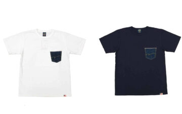 Studio-D'Artisan-Applies-Denim-Pocket-to-Its-USA-Cotton-T-Shirt-Front-White and Blue
