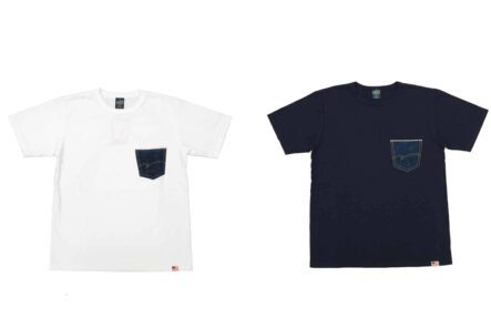 Studio-D'Artisan-Applies-Denim-Pocket-to-Its-USA-Cotton-T-Shirt-Front-White and Blue