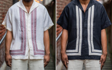 3sixteen-Applies-Charming-Contrasting-Border-Stripes-to-Its-Leisure-Shirt-White-and-dark-blue model front
