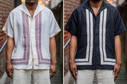3sixteen-Applies-Charming-Contrasting-Border-Stripes-to-Its-Leisure-Shirt-White-and-dark-blue model front