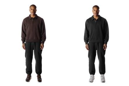 Body-of-Work's-Myrtle-Quarter-Zip-is-Perfectly-Boxy-brown-and-black-model-front