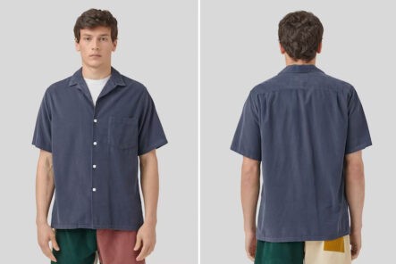 Portugese-Flannel-Renders-its-Quintessential-Camp-Shirt-in-Navy-Corduroy-model-front-and-back