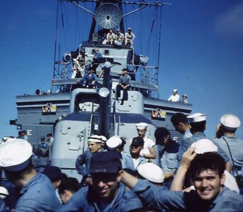 Wartime-Blues-Part-I---Denim-Uniforms-of-the-U.S.-Navy-Crew-members-on-the-bow-of-USS Cassin-Young-during-a-cruise-in-the-late-1950s.-Image-via-National-Park-Service.