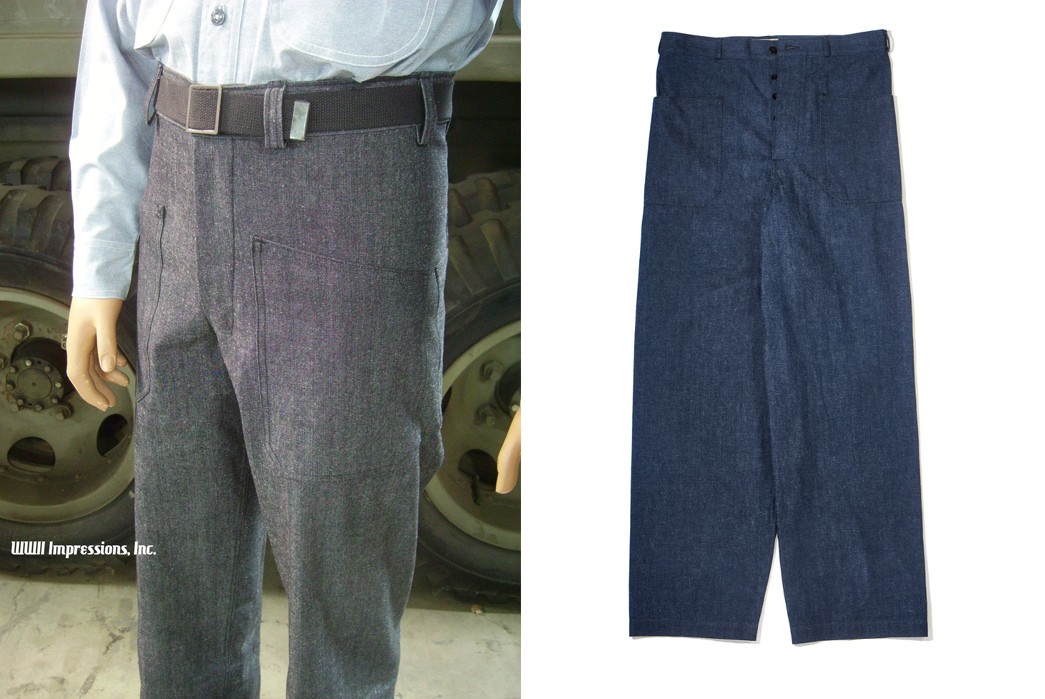 Wartime-Blues-Part-I---Denim-Uniforms-of-the-U.S.-Navy-Reproduction-1941-pattern-USN-Dungaree-Trousers-via-WWII-Impressions-(left)-and-The-Real-McCoy's-(right).