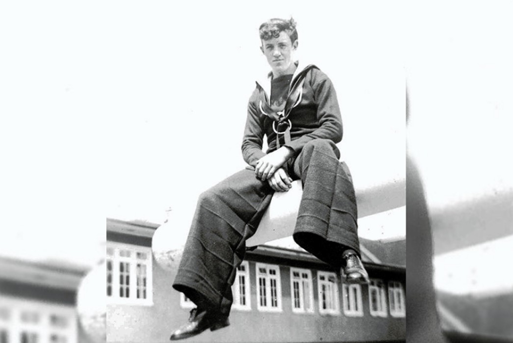 Wartime-Blues-Part-I---Denim-Uniforms-of-the-U.S.-Navy-Royal-Canadian-Navy-member-waring-Bell-Bottoms.-You-can-see-the-creases-on-the-legs-where-the-pants-have-been-rolled-up-high-for-doing-chores.