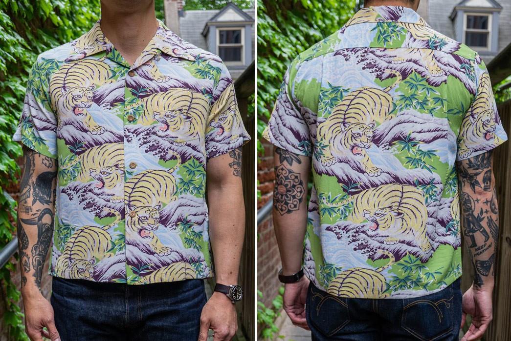 Come-Out-Fighting-in-Sun-Surf's-Fighting-Tiger-Hawaiian-Shirt-Front-and-back-model