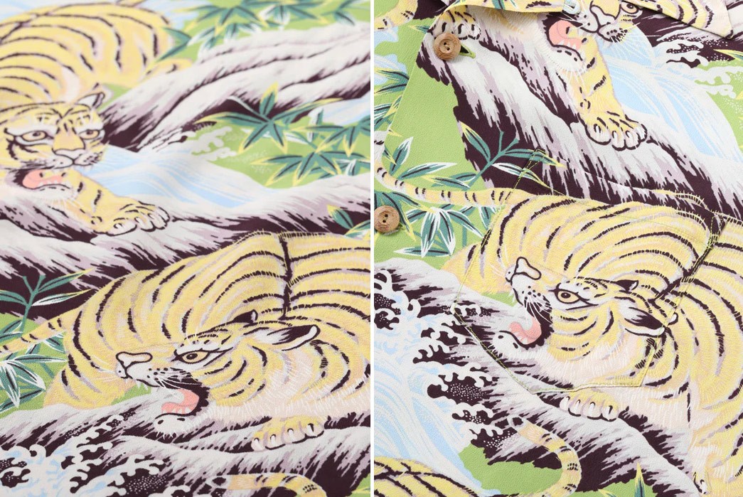 Come-Out-Fighting-in-Sun-Surf's-Fighting-Tiger-Hawaiian-Shirt-tiger-front-and-back-details