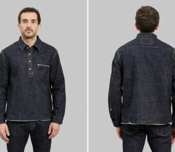 Fob-Factory-Made-a-Pullover-From-Iconic-G3-Loom-Raw-Selvedge-Denim-front-and-back-model