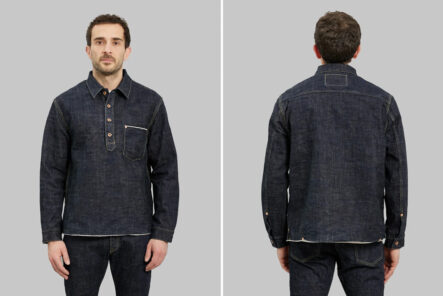 Fob-Factory-Made-a-Pullover-From-Iconic-G3-Loom-Raw-Selvedge-Denim-front-and-back-model