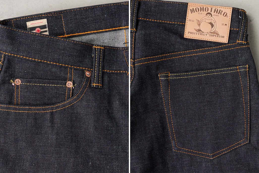 Momotaro-Applies-Its-Charming-Vintage-Label-Denim-to-0605-V-Natural-Tapered-Cut-front-back-top-pocket-detailed