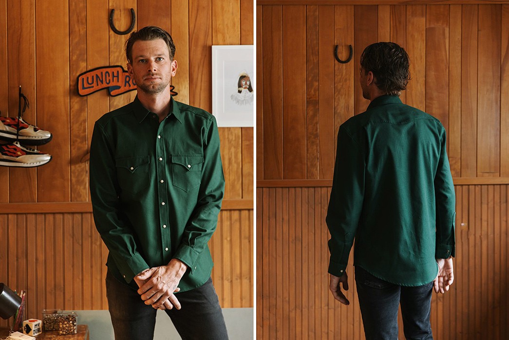 Richter-Goods'-Duck-Canvas-Western-Shirt-is-Off-the-Scale-Green-front-and-back-model