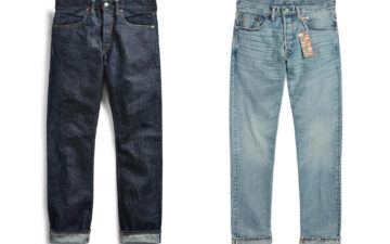 RRL's-Slim-Fit-Jeans-are-Made-in-USA-&-Back-for-Another-Season-dark-blue-and-light-blue-front