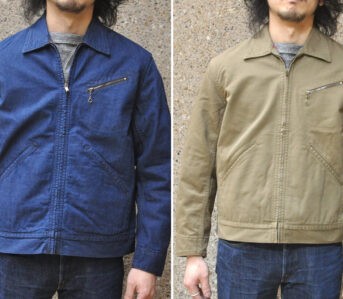 Get-Dapper-in-Stevenson-Overall-Co.'s-Weapon-Twill-Work-Jacket-Blue-and-beige-front-model