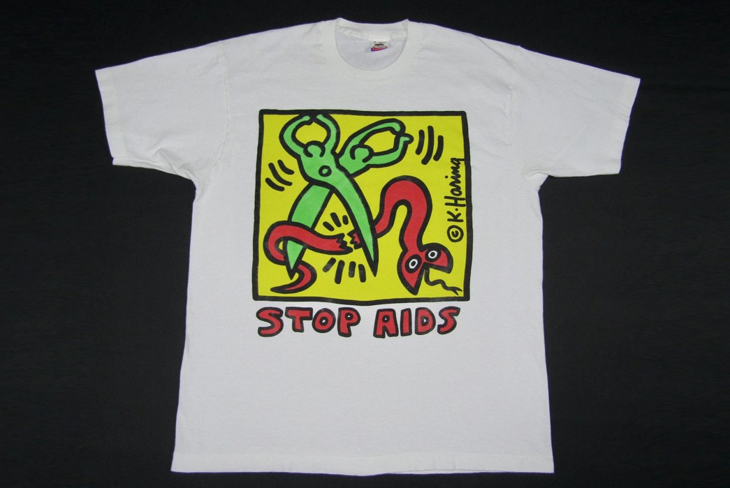 History-&-Evolution-of-the-Graphic-Tee-A-Keith-Haring-designed-STOP-AIDS-t-shirt.-Image-via-Etsy.