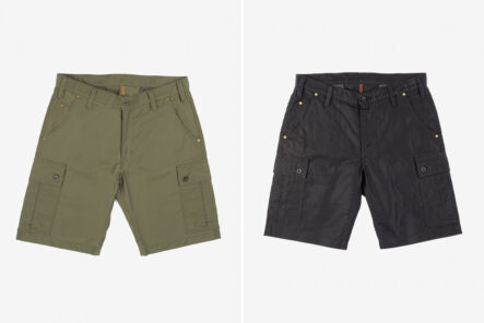 Set-up-Camp-in-Iron-Heart's-Whipcord-Camp-Shorts-green-and-black-front