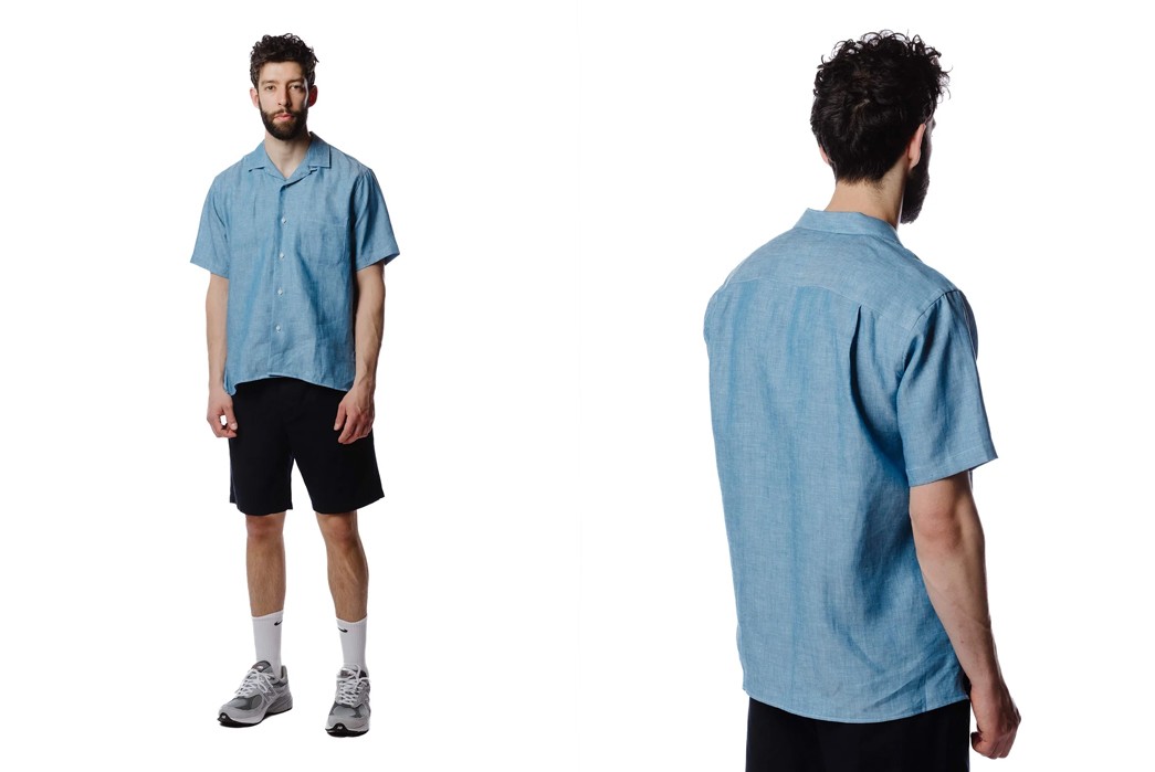 Short-Sleeve-Chambray-Shirts---Five-Plus-One-Blue-Chambray-Linen-Camp-Collar-Shirt