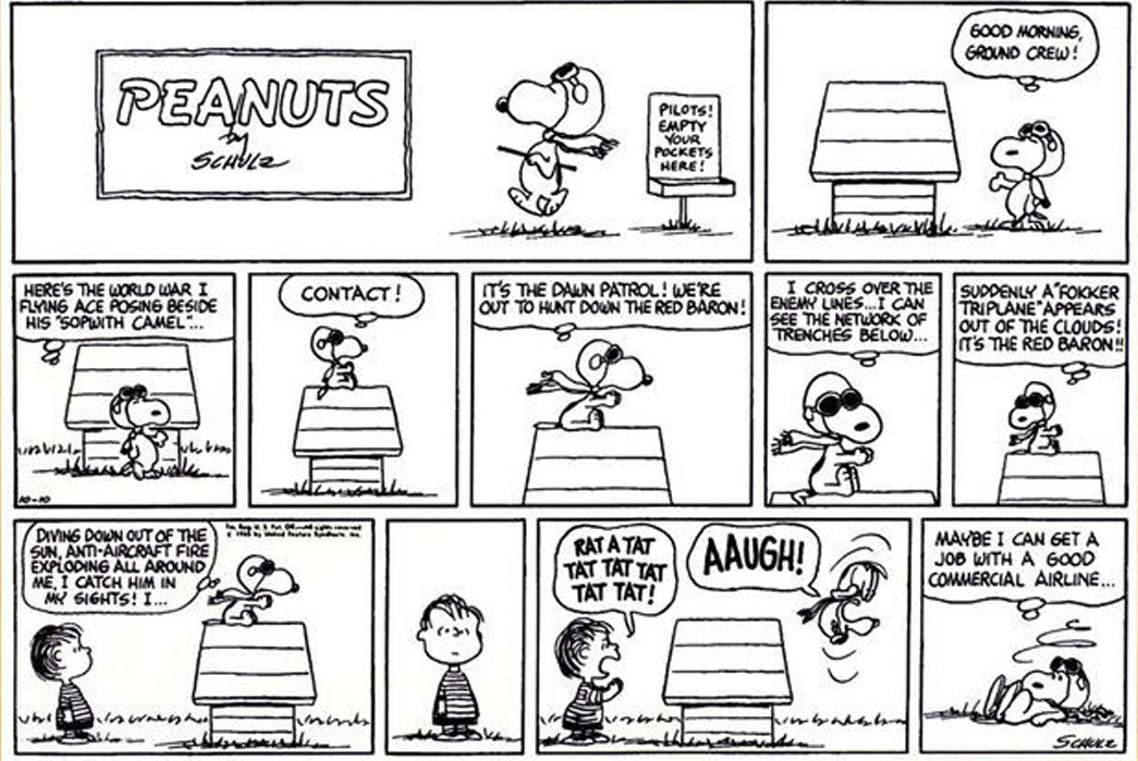 Talkin'-Peanuts-with-Russ-Gator-of-TSPTR-The-first-Flying-Ace-Peanuts-Strip-from-October-10,-1965.-image-via-Knoxville-News-Sentinel.