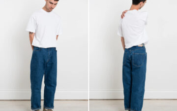 These-HATSKI-Wide-Tapered-Selvedge-Denim-Jeans-Contain-27%-Japanese-Washi-Paper-Front-and-back-model