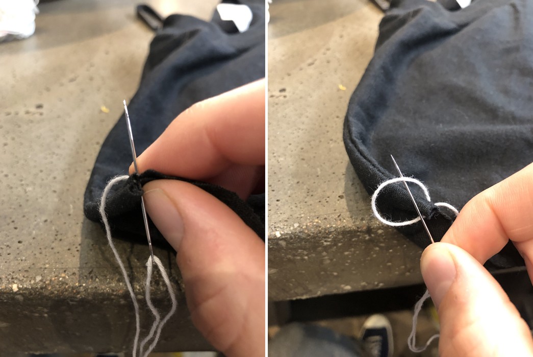 Wear-and-Repair---How-to-Hand-Patch-T-Shirts-Then-put-your-needle-through-the-nearer-and-further-pieces-of-fabric-in-the-same-spot-you-placed-the-initial-stitch