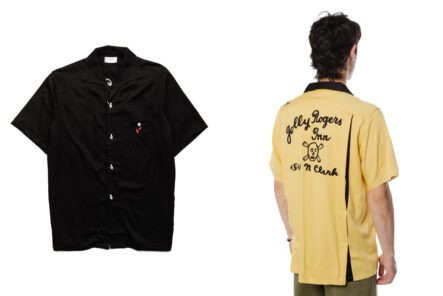 Finesse-the-Bowling-Alley-in-The-Real-McCoy's-MS22002-Rayon-Shirt-black-front-and-yellow-back-side-model