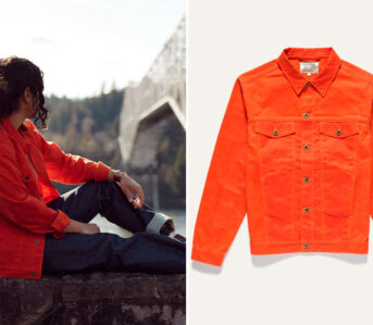 Ginew's-Orange-Wax-Canvas-Riders-Jacket-is-Tastefully-High-Vis-side-model-sitting-and-front