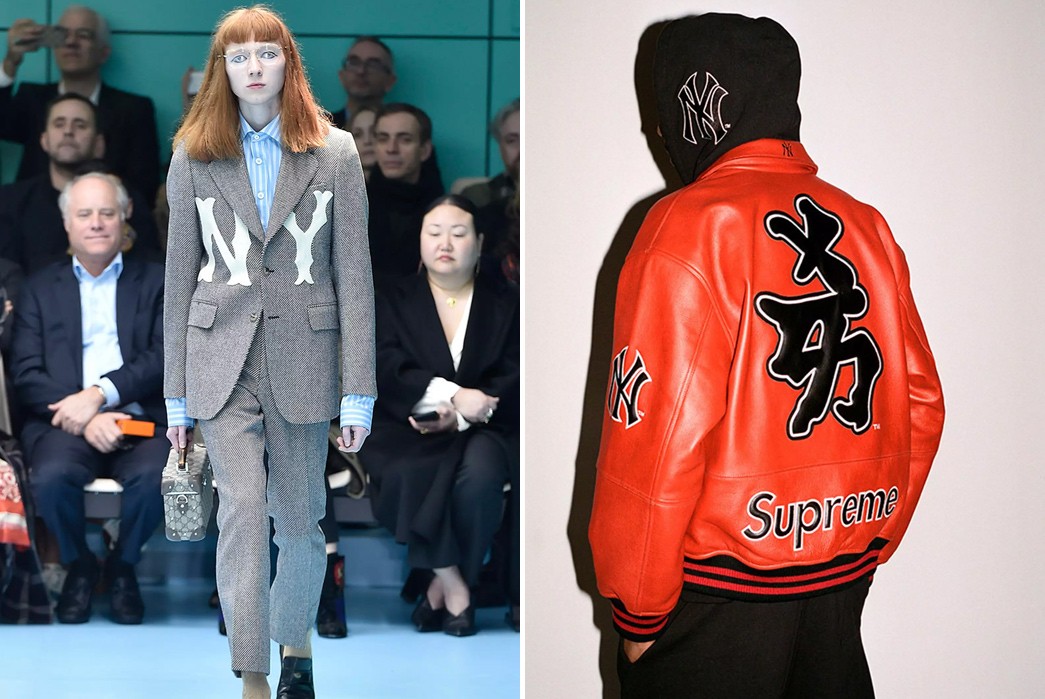 How-Baseball-Influenced-Menswear-Pt.-1-(Left)-Gucci-suit-on-the-runway-vis-Highsnobiety-(Right)-Supreme-Yankees-collection-via-Hypebeast