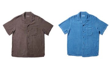 KUON-Applied-Gorgeous-Natural-Dyes-to-Open-Collar-Shirts-brown-and-blue-front