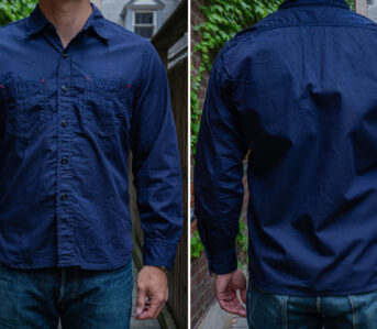Mister-Freedom's-Latest-Ranger-Shirt-is-Made-From-NOS-Cone-Mills-Double-Indigo-Twill-Front-and-back-model