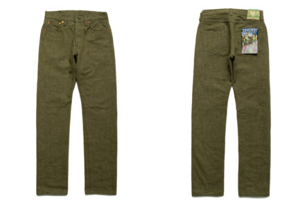Move-Over-Fatigues,-Samurai-Made-Olive-Green-Jeans-Front-and-back