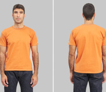 The-Flat-Head's-Legendary-Heavyweight-Loopwheel-Tees-are-Now-Available-in-Dark-Orange-Front-and-back-model