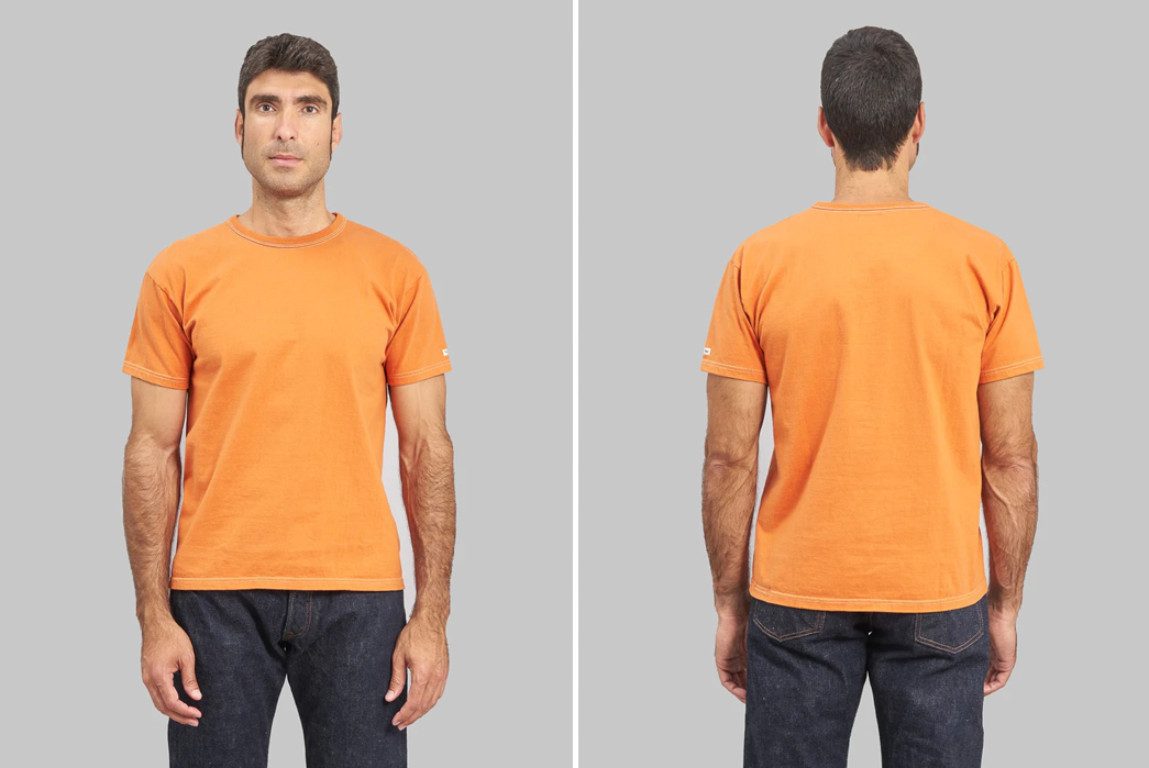 The-Flat-Head's-Legendary-Heavyweight-Loopwheel-Tees-are-Now-Available-in-Dark-Orange-Front-and-back-model