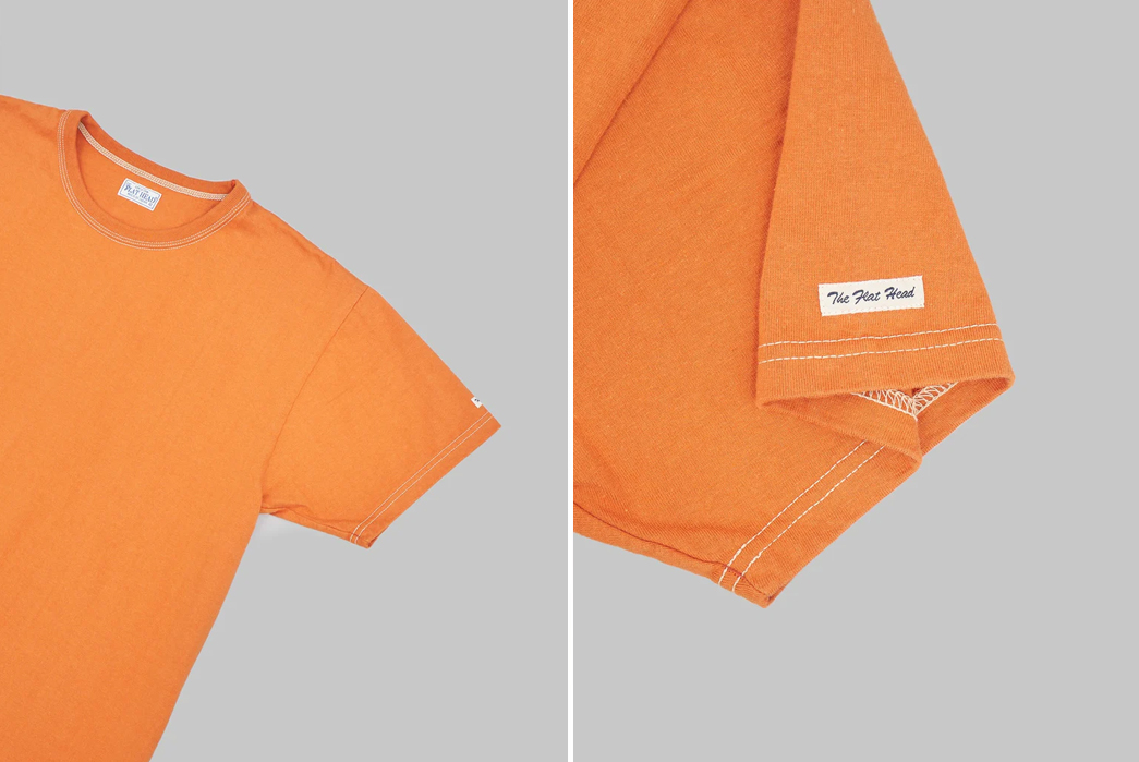 The-Flat-Head's-Legendary-Heavyweight-Loopwheel-Tees-are-Now-Available-in-Dark-Orange-Front-right-part-and-sleeve-details