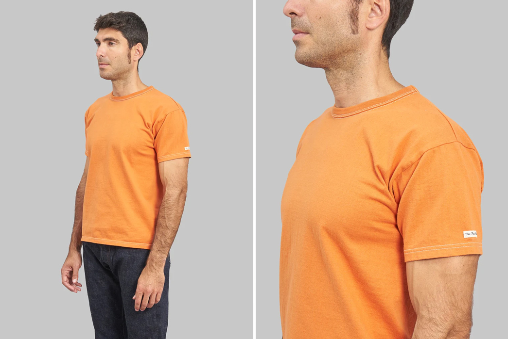 The-Flat-Head's-Legendary-Heavyweight-Loopwheel-Tees-are-Now-Available-in-Dark-Orange-Front-side-and-front-side-top-part-model