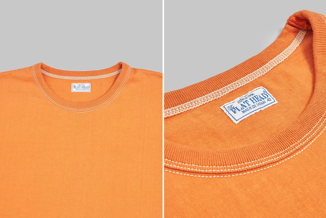 The-Flat-Head's-Legendary-Heavyweight-Loopwheel-Tees-are-Now-Available-in-Dark-Orange-Front-top-part-details