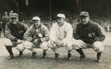 The-History-of-Varsity-Jackets-The-princes-of-America's-pastime.-Photographed-in-1928,-and-named-left-to-right,-Lou-Gehrig,-Tris-Speaker,-Ty-Cobb,-and-Babe-Ruth-pose-in-their-club-colors.