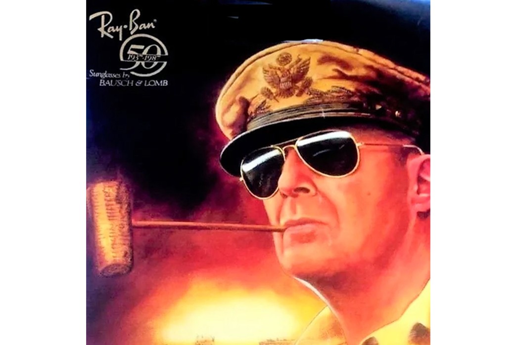 An-In-Depth-History-of-Sunglasses-A-Bausch-&-Lomb-Ray-Ban-ad-featuring-General-MacArthur-in-his-aviator-sunglasses.-Image-via-Ray-Ban.
