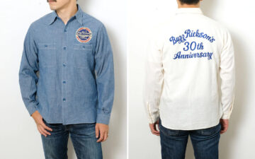 Buzz-Rickson's-30th-Anniversary-Chambray-Features-Commemorative-Patch-&-Embroidery-blue-front-and-white-back-model