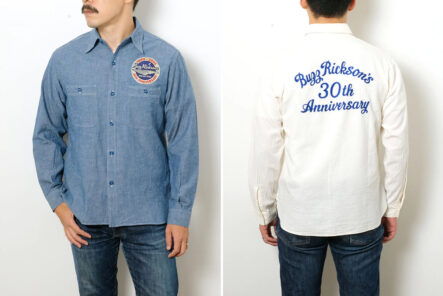 Buzz-Rickson's-30th-Anniversary-Chambray-Features-Commemorative-Patch-&-Embroidery-blue-front-and-white-back-model