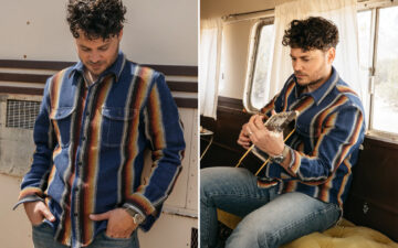 KATO-Renders-its-Brace-Shirt-in-Rugged-Blue-Stripe-Colorway-Front-pose-and-front-pose-with-guitar