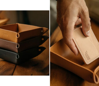 Toss-Your-EDC-into-Tanner-Goods'-Recycled-Leather-Valet-Tray-beige-brown-and-black-stacked-and-model-putting-item