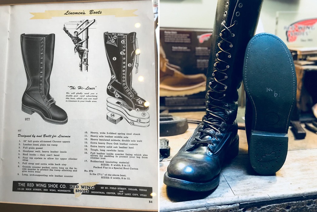 All-About-Lineman-Boots-1951-catalogue-entry-for-The-Hi-Liner-and-1960s'-Style-650-with-green-Union-of-Lineman-soles-via-Red-Wing