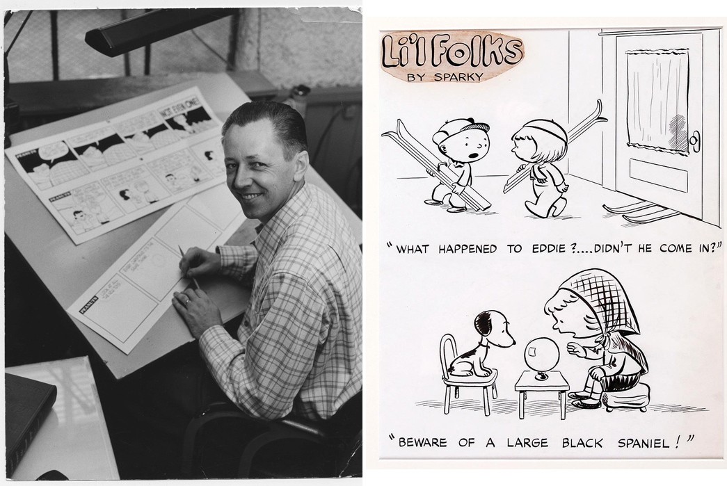 Happiness-is-a-Warm-Puppy---A-History-of-Peanuts-Charles-M-Schulz-at-his-writing-desk-in-1956-via-Jordan-Schnitzer-Museum-of-Art-and-Rover-the-Dog-in-Li'l-Folks-via-Comic-Art-Fans