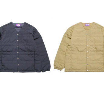 The-North-Face-Purple-Label's-65-35-Down-Cardigan-is-a-Fall-Layering-Staple-Blue-and-beige-front