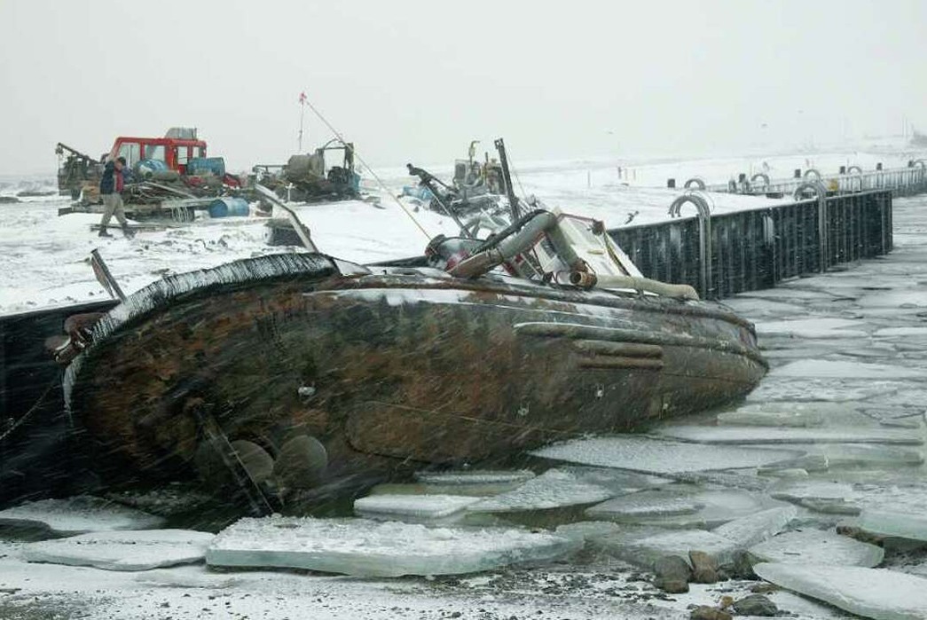Alaskan-Odyssey-Fishing-Fleet-Workwear,-Part-I-A-2011-storm-wreaked-havoc-in-Alaskan-waters.-This-fishing-vessel-fell-victim-in-Nome.-Image-via-Chron.com