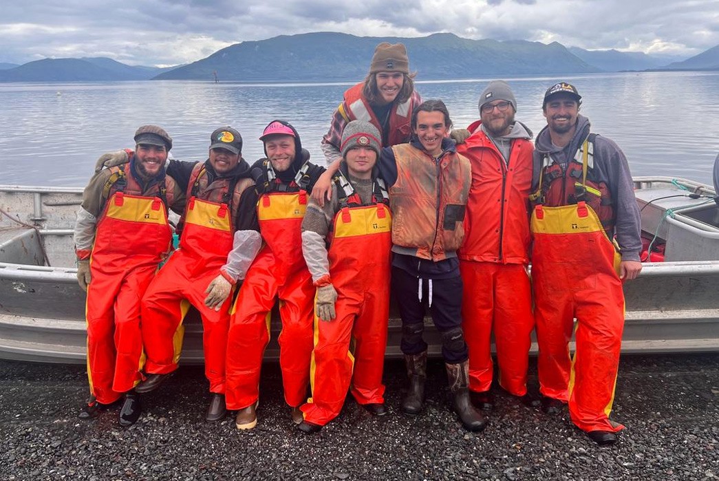 Alaskan-Odyssey-Fishing-Fleet-Workwear,-Part-I-Grant-Hanson-(far-left)-and-some-of-the-crew-on-Harvester-Island,-Alaska.-Image-via-Grant-Hanson.