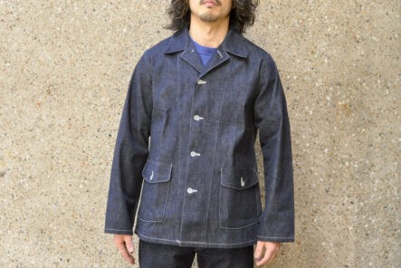 Warehouse-Reproduces-Iconic-Military-Denim-Jacket-with-Its-12-oz.-Army-Denim-Coverall-front-model