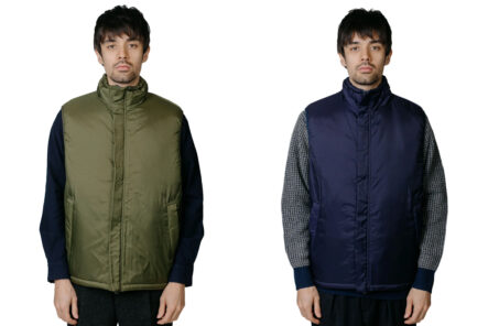 Beams-Plus'-MIL-Puff-Vest-is-a-Ripstop-Layering-Cheat-Code-green-and-blue-front-model