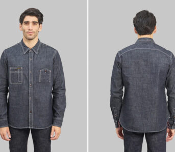 Carry-Work-Shirts-into-Holiday-Season-with-The-Strike-Gold's-10-Oz.-Slub-Selvedge-Work-Shirt-front-and-back-model